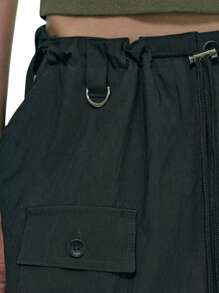 Womens Long Cargo Skirt Solid Color Waist Drawstring Multi Pocket Straight Streetwear Loose Skirt - Black - View 4