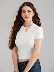 Women Crop Tops Summer Casual Slim Fit Solid Color Short Sleeve Basic T-Shirts For Party Streetwear