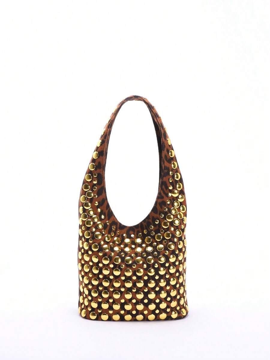 1pc Brown Leopard Print Suede-Like PU Leather Drawstring Bucket Bag, Stylish Gold Rivet Embellished Shoulder Bag For Women, Chic Office & Commuting Use - Brown - View 1
