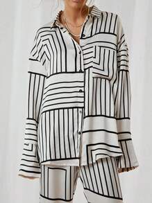Women's Fashion Elegant Casual Commuter 2 Pieces Set With Line & Geometric Pattern Spring - Black and White - View 7