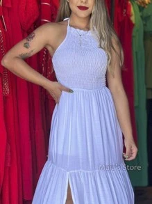 Elastek Elegant Slit Halter Neck Long Dress - Blanco - Ver 2