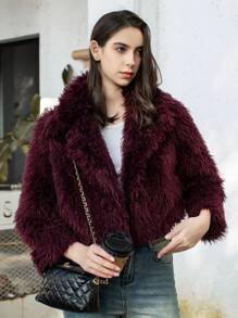 Veste courte en fausse fourrure à la mode pour femmes, manches longues, avec boutons-pression devant. Manteau de plein air chic avec col châle. Manteau épais - Violet - Voir 10