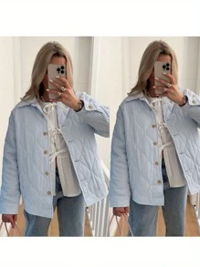 Women's Puffer Jacket Stripe Turn-Down Collar Buttons Quilted Coat Fall Winter Long Sleeve Padded Jacket Outerwear