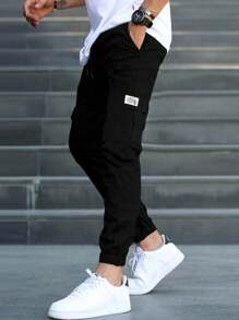 Men's Letter Print Drawstring Waist Casual Cargo Pants With Multiple Pockets - Black - View 1