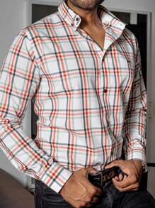 PLATINUM STORES Men's Casual Long Sleeve White Shirt Large Checks Green, Orange And Black Lines Cotton Office Lumberjack Daily Party Fashion - 白色 - 查看 1