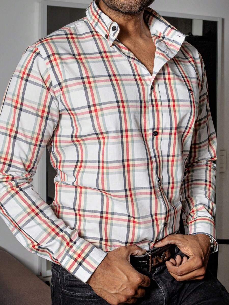 PLATINUM STORES Men's Casual Long Sleeve White Shirt Large Checks Green, Orange And Black Lines Cotton Office Lumberjack Daily Party Fashion - 白色 - 查看 1