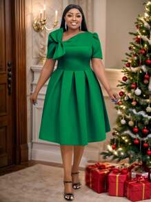 Plus Size Women's Short Sleeve Bow Tie Midi A-Line Party Dress, Suitable For Valentine's Day, Birthday, Wedding Guest, Graduation, Formal Dinner, Homecoming And Other Occasions - Green - View 7