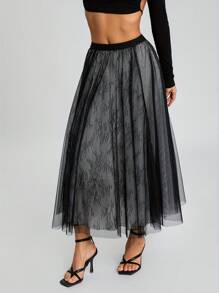 Women Half Dress Lace Mesh Floral Spring Fall Summer Street Casual Party Black Punk Skirt