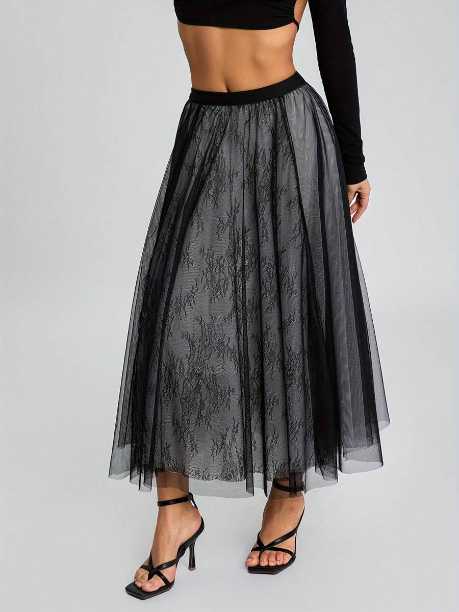 Women Half Dress Lace Mesh Floral Spring Fall Summer Street Casual Party Black Punk Skirt