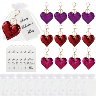 12sets, Sparkling Sequin Heart-Shaped Keychain Gift Set, Shiny Keychain, Valentine's Day Themed Metal Pendant, Suitable For Bags And Backpacks, Perfect Party And Birthday Gifts, Ideal Gifts For Partners, Friends, And Mothers