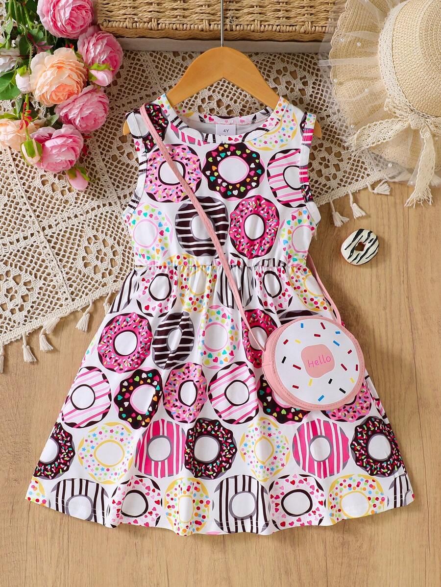 女孩全甜甜圈印花连衣裙 + 甜甜圈 PU 皮革单肩包 - 白色 - 查看 1