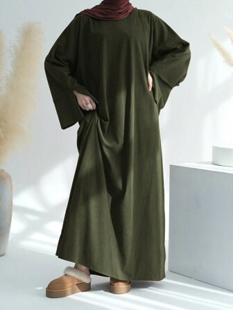 One Piece Autumn Winter Women Corduroy Closed Abaya Batwing Sleeve Casual Long Dress With Pockets Moroccan Arab Robes