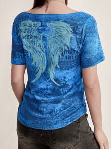 Cyber Y2K 女款街头哥特风印花短袖独特不对称露肩薄款 T 恤 - 藍色 - 查看 3