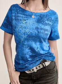 Cyber Y2K 女款街头哥特风印花短袖独特不对称露肩薄款 T 恤 - 藍色 - 查看 4