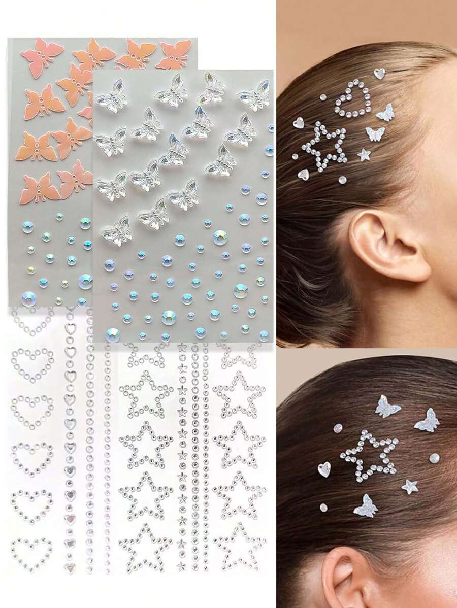 5 buc/3 buc autocolante cu strasuri în formă de stea și inimă goală, autocolante pentru accesorii de păr cu strasuri cu stea și inimă de cristal, autocolante autoadezive pentru decor de păr DIY pentru femei și fete, bentițe de păr decorate cu strasuri, potrivite pentru sărbători, zile de naștere, petreceri, concerte, baluri mascate, Crăciun, instrumente de coafat păr, decorațiuni de festival pentru femei