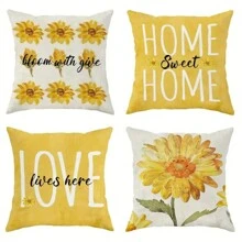 4pcs Spring And Summer Pillow Case, Yellow Letter Flower Pattern Pillow Case, Watercolor Daisies Simple Style Suitable For Home Decoration, Sofa Outdoor Office By Set Decoration 18*18inch