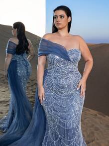 Faeriesty Haute Glamour Plus Luxury One-Shoulder Tulle Overlay Beaded Gowns Formal Dresses & Evening Gowns - Dusty Blue - View 8