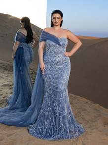 Faeriesty Haute Glamour Plus Luxury One-Shoulder Tulle Overlay Beaded Gowns Formal Dresses & Evening Gowns - Dusty Blue - View 4