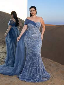 Faeriesty Haute Glamour Plus Luxury One-Shoulder Tulle Overlay Beaded Gowns Formal Dresses & Evening Gowns - Dusty Blue - View 6