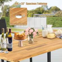 Homasis Patio Rectangle Dining Table Acacia Wood W/ 2'' Umbrella Hole Indoor & Outdoor Deck - Natural and Black - View 5