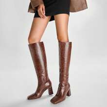 Pasuot Women's Brown Faux Crocodile Knee High GoGo Boots - Chunky Heel, Square Toe, High Heel, For Riding - Brown - View 5