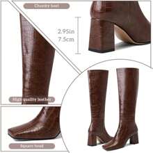 Pasuot Women's Brown Faux Crocodile Knee High GoGo Boots - Chunky Heel, Square Toe, High Heel, For Riding - Brown - View 4