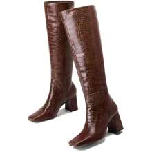 Pasuot Women's Brown Faux Crocodile Knee High GoGo Boots - Chunky Heel, Square Toe, High Heel, For Riding - Brown - View 3