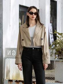 Fashion Trench Jacket Women With Belt Cropped Trench Jacket Autumn New Vintage Long Sleeve Female Chic Lady Coat Outfits - 卡其色 - 查看 5