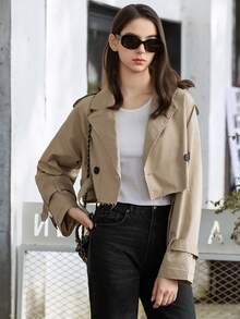 Fashion Trench Jacket Women With Belt Cropped Trench Jacket Autumn New Vintage Long Sleeve Female Chic Lady Coat Outfits - 卡其色 - 查看 6