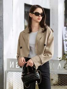Fashion Trench Jacket Women With Belt Cropped Trench Jacket Autumn New Vintage Long Sleeve Female Chic Lady Coat Outfits - 卡其色 - 查看 4