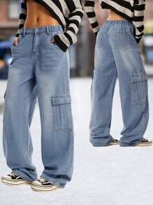 Vintage American Style Multiple Pockets Teen Girl Loose Fit Straight Leg Casual Jeans Pants - Blue - View 1