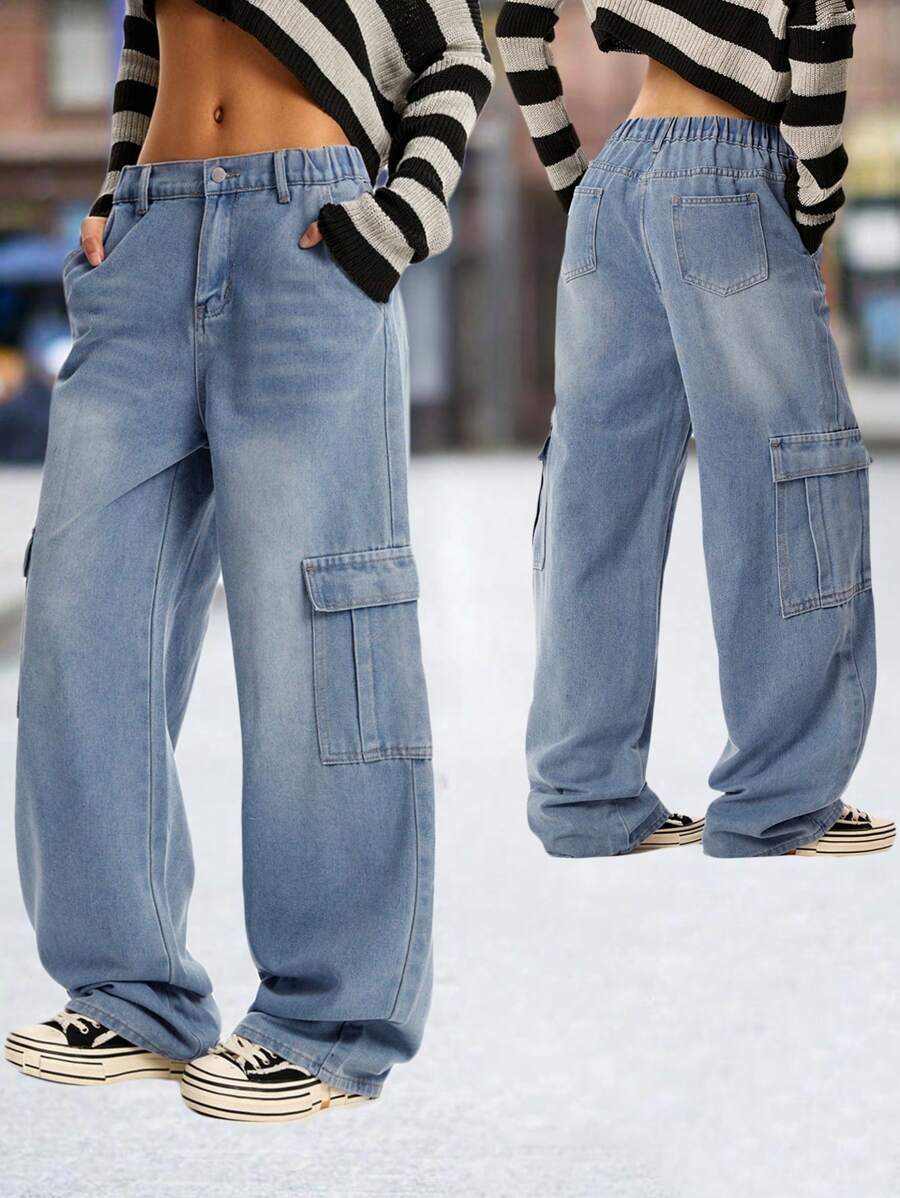 Vintage American Style Multiple Pockets Teen Girl Loose Fit Straight Leg Casual Jeans Pants - Blue - View 1