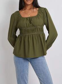 Women Solid Color Blouses Scoop Neck Ladder-Lace Trim Long Sleeve Shirts Spring Fall Casual Slim Fit Tops - Green - View 7