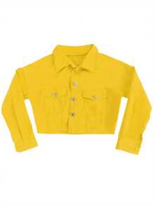 Abrigo corto de mezclilla para mujer, chaqueta de manga larga con solapa, color liso, con botones y bajo desgastado. - Amarillo - Ver 3