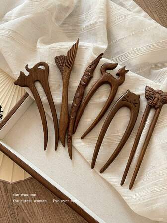 可爱猫形檀木发簪，传统中式慵懒发髻器，汉服发饰发髻发夹，学生用品，发饰