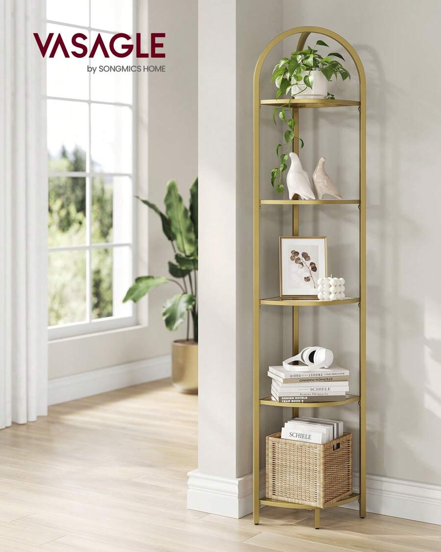VASAGLE Corner Shelf Stand, 5 Tier Corner Bookshelf, Tempered Glass Shelves, Modern Style, Plant Stand With Steel Frame For Living Room, Bedroom, Kitchen, Bathroom - 金色 - 查看 1