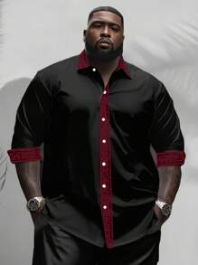 Casual Fashion Men's Plus Size Button Down Shirt With Partial Spiral Pattern Print, Fall, Long Sleeve Top - Black - View 2