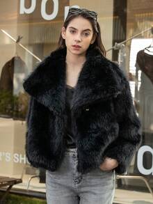 HH Faux Fur Jacket For Women Elegant Solid Lapel Long Sleeve Coat Casual Loose Female Winter Oversize Lady Chic Streetwear Jakcets