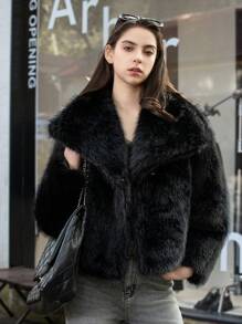HH Faux Fur Jacket For Women Elegant Solid Lapel Long Sleeve Coat Casual Loose Female Winter Oversize Lady Chic Streetwear Jakcets