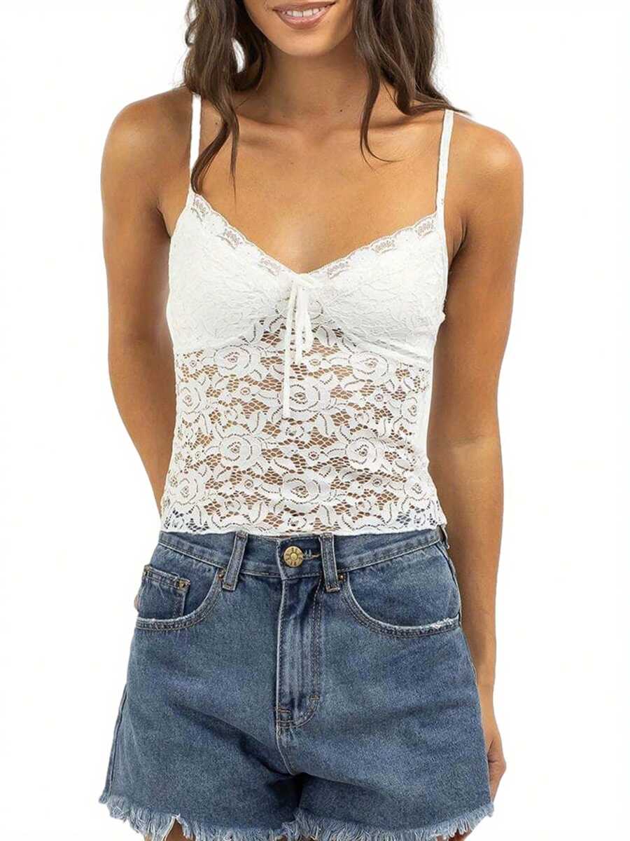 Women Eyelet Lace Camisoles Spaghetti Strap Cami Tops Sleeveless Backless Tank Tops Summer Vests Tops Streetwear - White - View 1