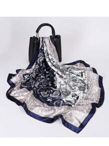 Lenço Cetim Para Cabeça Pescoço Bolsa Moda Fashion Padrão Retrô 90cm x90cm Azul-marinho - Azul Marinho - Visão 1