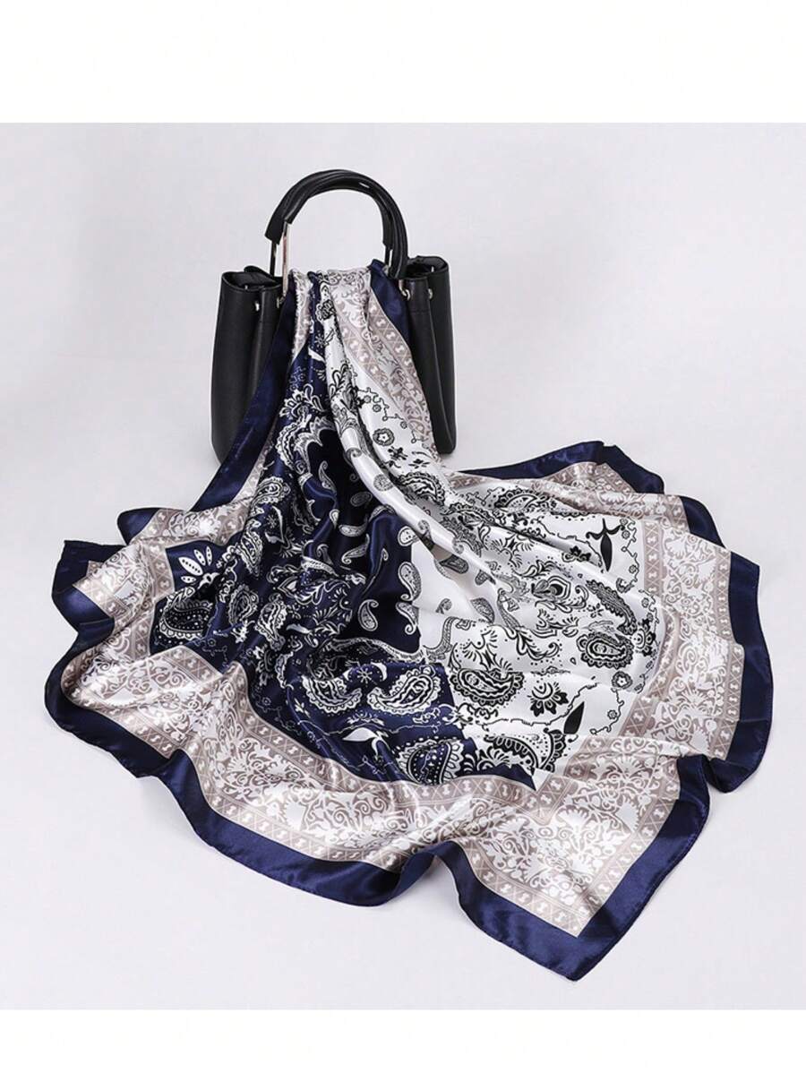 Lenço Cetim Para Cabeça Pescoço Bolsa Moda Fashion Padrão Retrô 90cm x90cm Azul-marinho - Azul Marinho - Visão 1