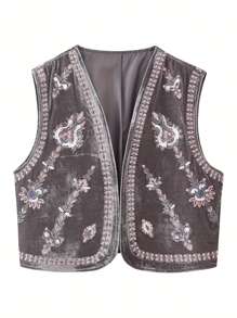 Womens Embroidered Vest Tops Classic Sleeveless Open Front Cardigan Velvet Vest Fall Outwear - Grey - View 1