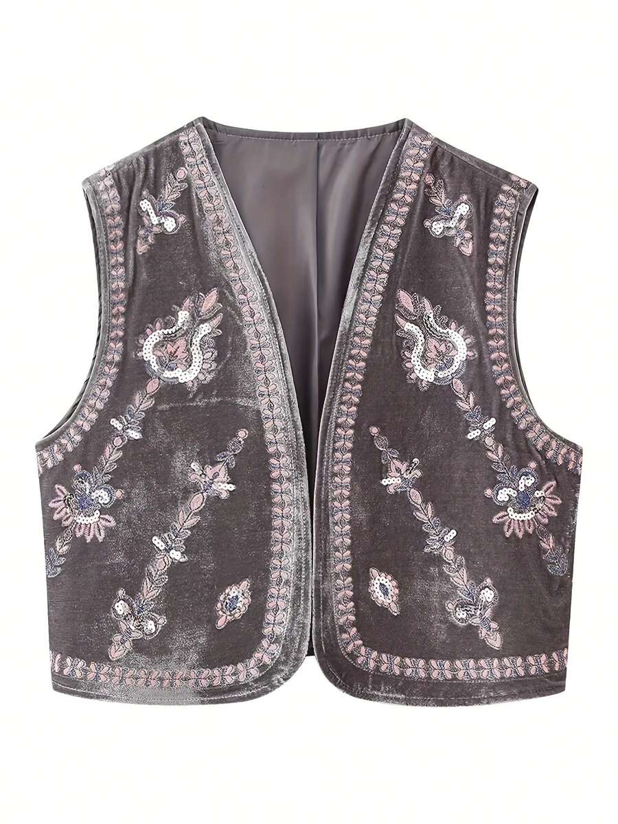 Womens Embroidered Vest Tops Classic Sleeveless Open Front Cardigan Velvet Vest Fall Outwear - Grey - View 1