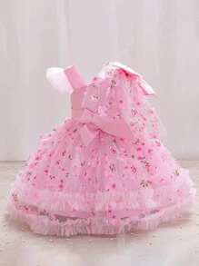 H HIBOBI Đầm dự tiệc cho bé gái màu hồng cổ bất đối xứng lưới đan chéo thiết kế nơ trang trí, trang phục dự tiệc sinh nhật - Màu Hồng Tươi - Xem 2