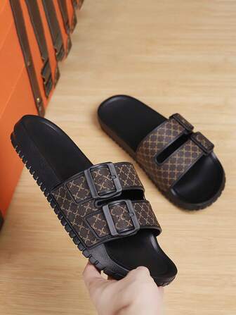 Mäns bruna Casual Läder Slide Sandaler, Plus Size mångsidiga tofflor