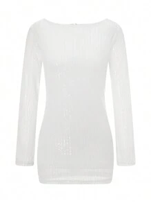 Vestido mini ajustado para mujer, con lentejuelas, manga larga, lazo, espalda descubierta, vestido de cóctel, vestido de fiesta para primavera y otoño. - Blanco - Ver 5