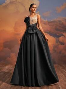 VIPGIRL Elegant Black Ball Gown With Sequin Bodice And Large Bow, Floor-Length Formal Evening Dress, Women's Prom Dress, Chic Cocktail Party Dress, Glamorous Banquet Gown, Women Formal & Evening Dresses, Wedding Guest Dress - Black - View 5