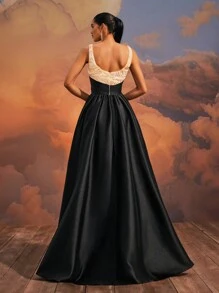 VIPGIRL Elegant Black Ball Gown With Sequin Bodice And Large Bow, Floor-Length Formal Evening Dress, Women's Prom Dress, Chic Cocktail Party Dress, Glamorous Banquet Gown, Women Formal & Evening Dresses, Wedding Guest Dress - Black - View 3