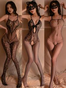 3件套性感内衣套装，薄纱，填充，可拆卸，诱人，开裆连体紧身衣，制服风格，性感外穿内衣